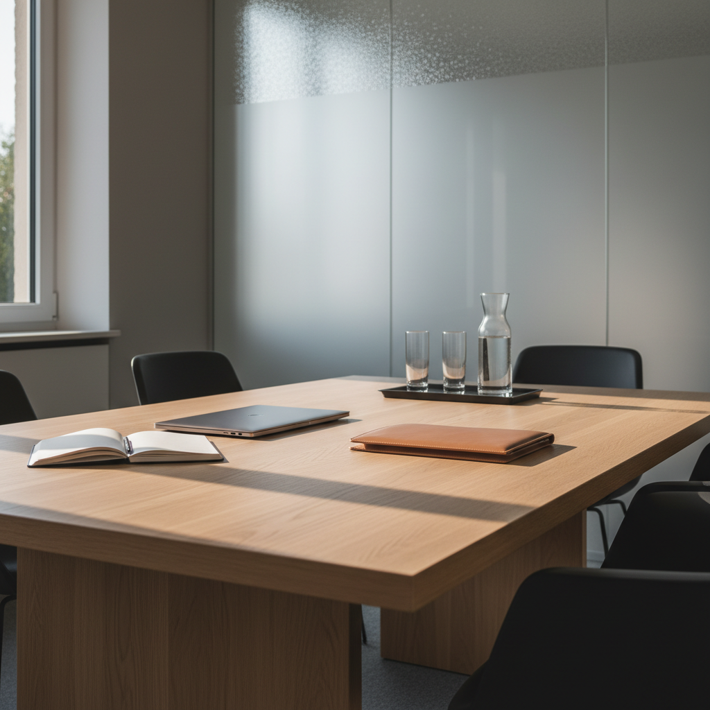 A contemporary conference table in a Herborn law firm meeting room, symbolizing focused, personal consultation. The table is a smooth, light-oak surface with precise edges, holding a carefully arranged open notebook, a slim laptop with a dark metallic finish, and a structured leather document folder in warm taupe. In the midground, a carafe of water and two fine glasses rest on a small black tray, suggesting a welcoming environment. The background shows a large frosted-glass panel and a wall in soft gray-beige tones. Natural afternoon light from a tall side window creates refined reflections on the laptop and table edge, with gentle, elongated shadows. Photographic realism, slightly elevated angle, balanced minimalist composition, atmosphere of calm concentration and professionalism.