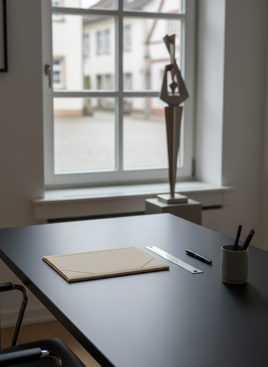 A refined private office corner representing the Kanzlei’s individuality and discretion, without displaying any people. A dark, matte writing desk with a smooth surface stands near a large window overlooking an out-of-focus Herborn streetscape. On the desk lies a single neatly stacked file in sand-colored cardstock, a precision metal ruler, and a fine graphite pencil aligned parallel, beside a small ceramic cup holding a few neatly arranged pens. A slender, abstract sculpture in brushed metal near the window subtly references strength and balance without legal symbolism. Soft, overcast daylight enters from the window, creating a gentle glow and soft shadows. Photographic realism, rule-of-thirds composition, shallow depth of field, serene and thoughtful mood, clean and modern aesthetic emphasizing order and clarity.