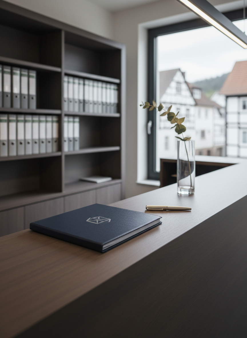 A meticulously organized, modern law office reception desk in Herborn, designed to convey trust and sophistication without legal clichés. A matte dark-wood counter with clean edges holds a closed, finely textured navy case file embossed only with a subtle abstract emblem, next to a sleek metal fountain pen and a minimalist glass vase with a single eucalyptus stem. In the background, blurred built-in shelves with neatly aligned files in muted tones and a large window hinting at a small German townscape. Soft, diffused daylight from the side creates gentle highlights on the wood grain and pen, with delicate shadows for depth. Photographic realism, eye-level composition, calm and personal atmosphere, shallow depth of field emphasizing clarity and discretion.