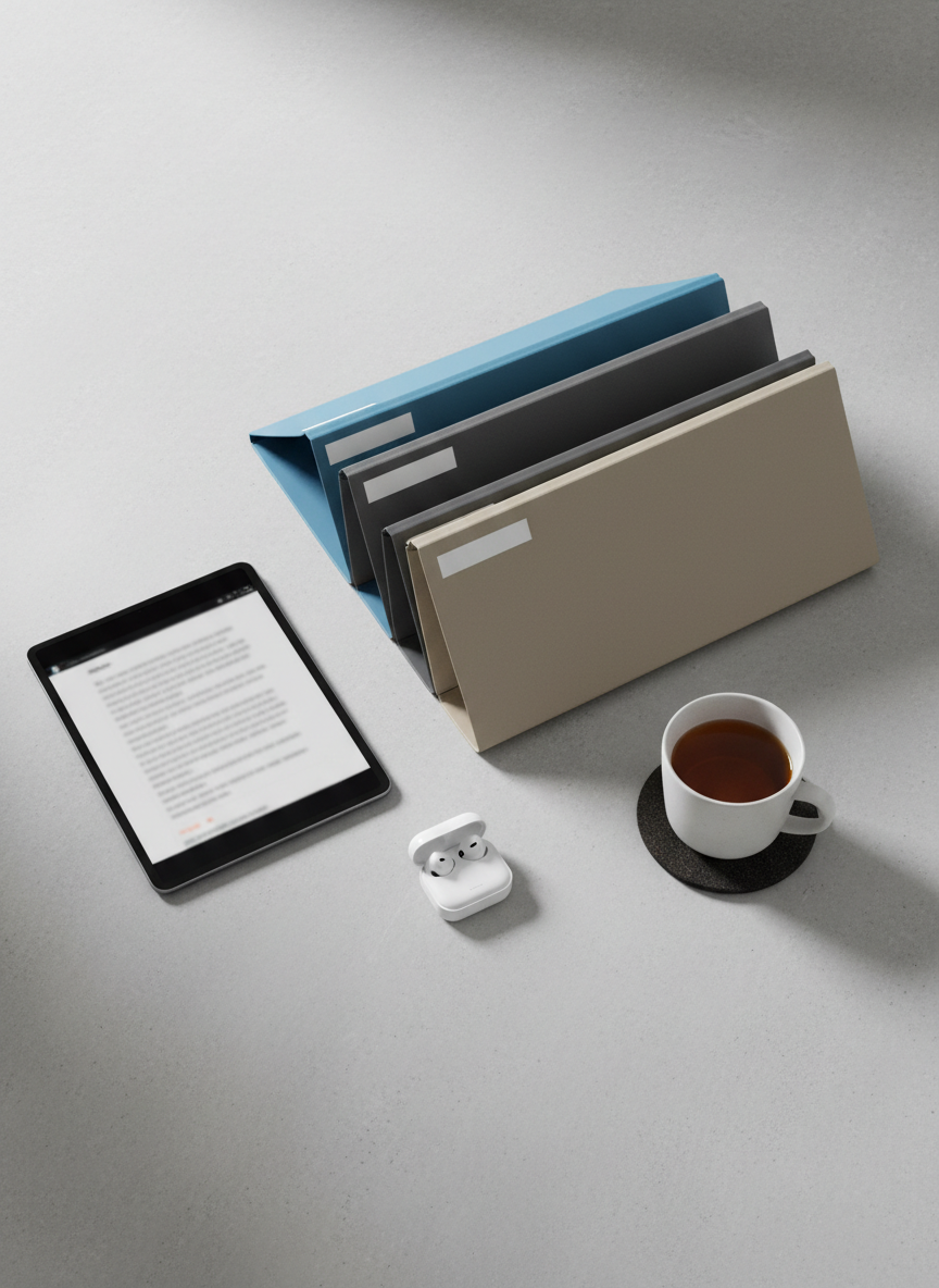 A close-up, photographic-realistic still life of structured legal work materials conveying the Kanzlei’s clear Tätigkeitsschwerpunkte. On a smooth, light concrete desktop lies a meticulously organized stack of color-coded folders in desaturated blue, gray, and beige, each marked only with discreet, blank spine tabs. A slim, high-end tablet with a matte black frame shows a blurred interface of a digital document, paired with wireless in-ear headphones in a small charging case, implying modern communication. A simple, elegant ceramic cup of tea sits nearby on a dark round coaster. Soft studio lighting from the upper left creates precise, crisp highlights on edges and subtle shadow gradients. Shot from above with sharp focus throughout, the composition feels structured, contemporary, and approachable, emphasizing efficiency and digital readiness.